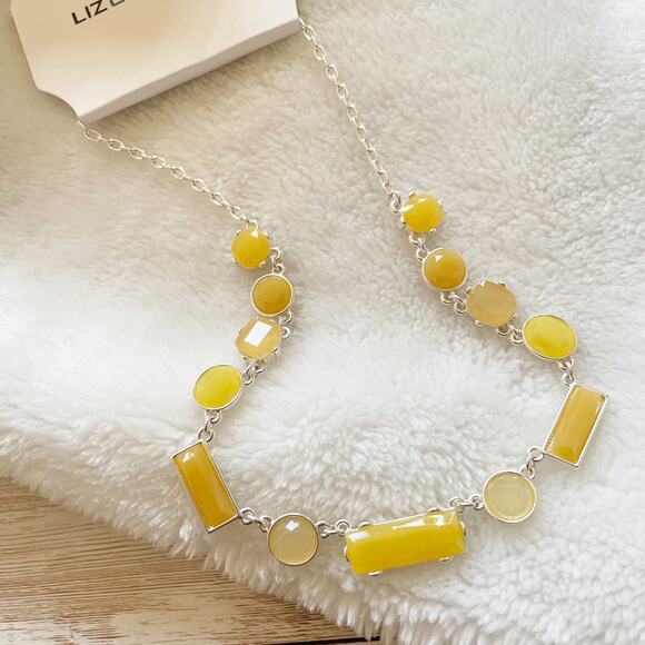 Liz Claiborne Statement Necklace Yellow Silver Tone Round Rectangular Links New - Picture 1 of 12